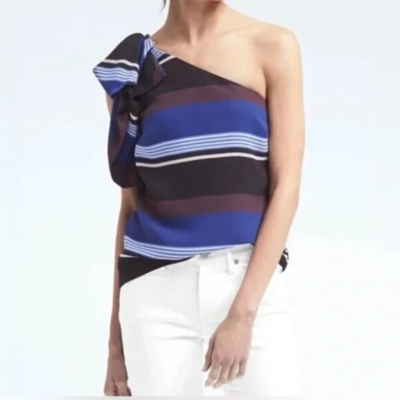 Banana Republic One Shoulder Bow Detail Striped Side Zip Top Size 6 - Picture 1 of 11